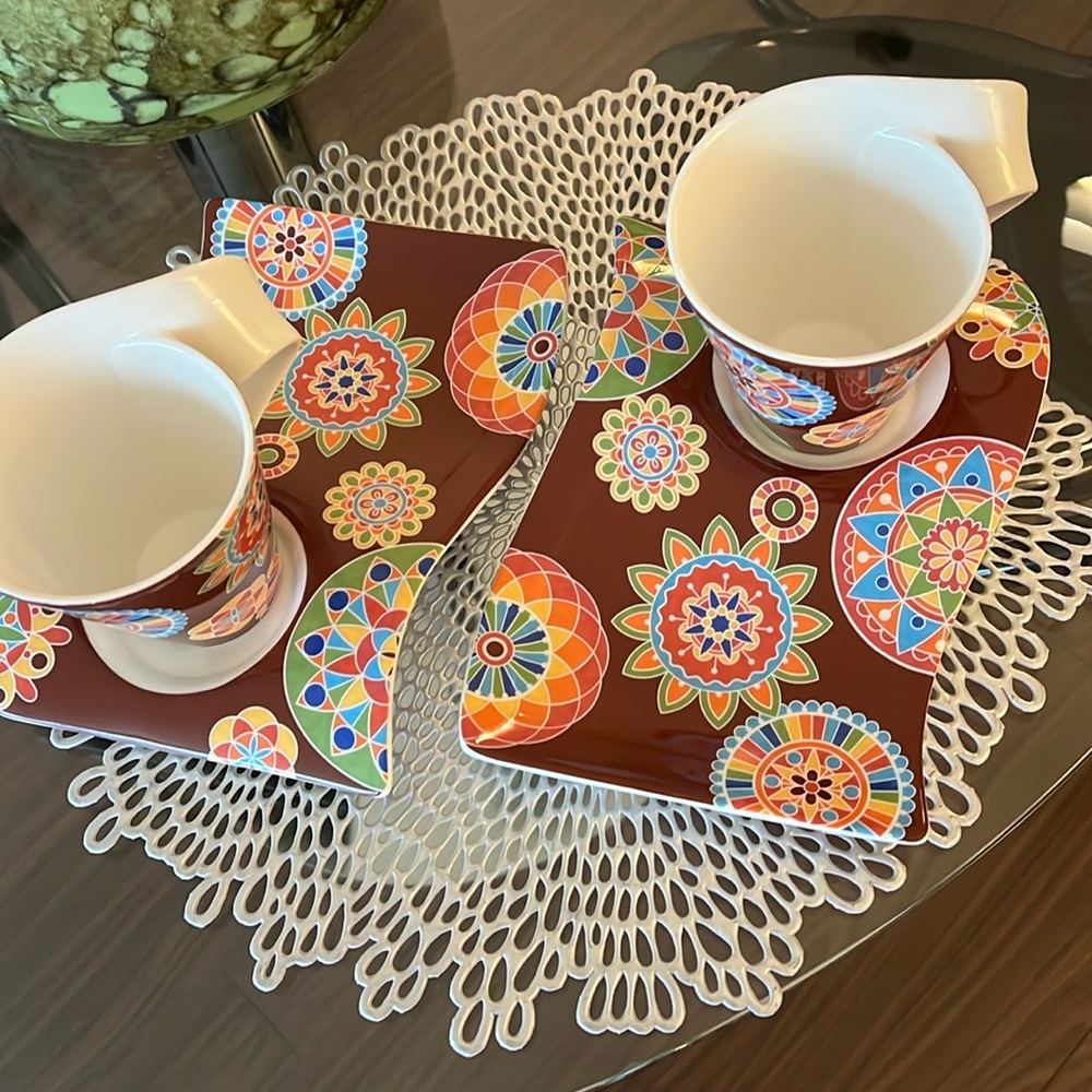 Villeroy & Boch  waves patterned coffee cup and plate set 2 cups two plates